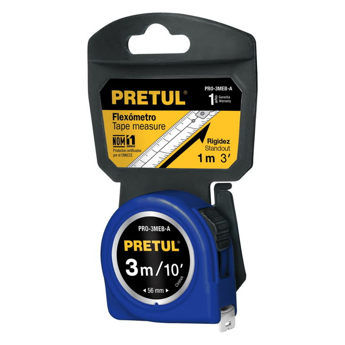 Flexómetro Azul 3 Mts. Cinta de19 mm, en Tarjeta, Pretul