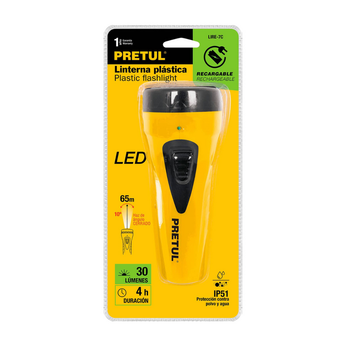 Linterna Led Recargable de 30 Lumens-Duracion 4 Hrs-Alcanze 65 Mts-Pretul