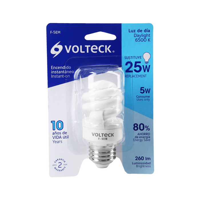 Mini Foco Tipo Espiral-Consumo 5W e Iumina 25W-260 Lumens - Luz de Dia Volteck.