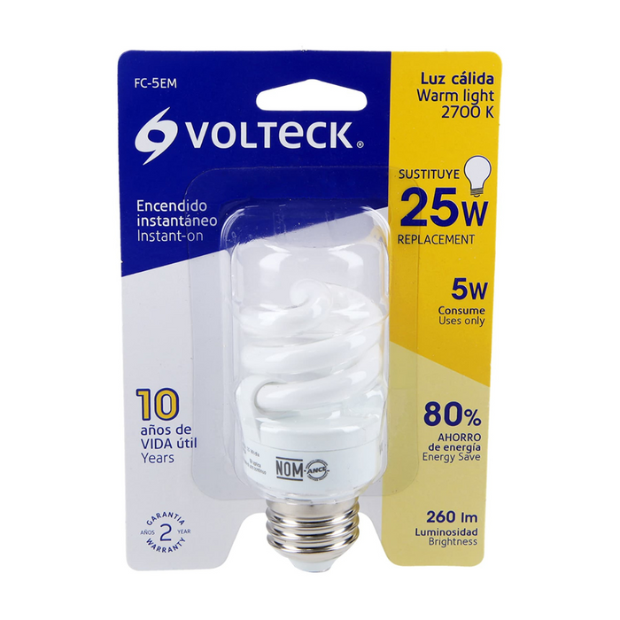 Mini Foco Tipo Espiral-Consumo 5W e Iumina 25W-260 Lumens - Luz Calida Volteck.