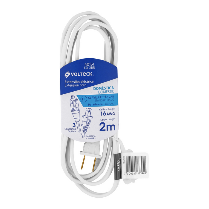 Extensión Eléctrica Doméstica 2, 3, 4, 5, 6, 8 y 10 Mts Color Blanca con Cavija Recta Volteck