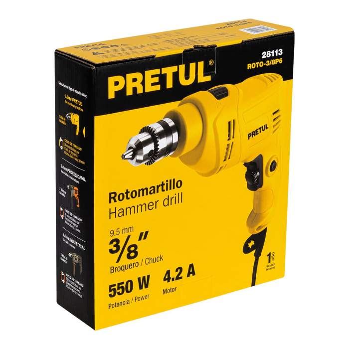 Roto Martillo Broquero 3/8" Potencia 550 W Motor 4.2 A Pretul