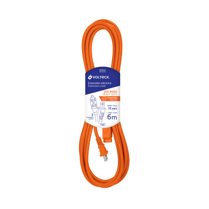 Extensión Eléctrica Uso Rudo 4, 6, 8, 10, 25 y 30 Mts Color Naranja con Cavija Recta Volteck
