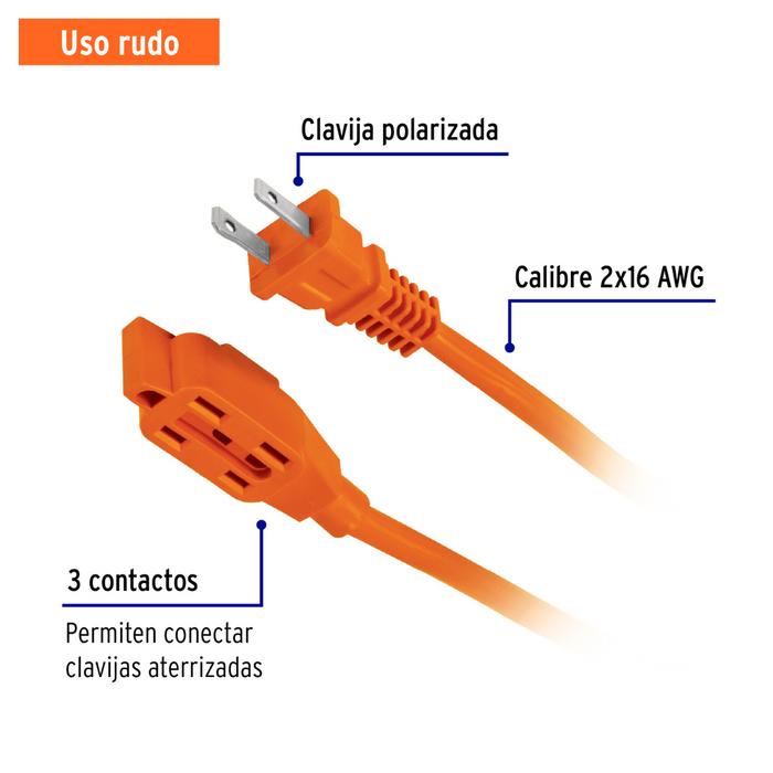 Extensión Eléctrica Uso Rudo 4, 6, 8, 10, 25 y 30 Mts Color Naranja con Cavija Recta Volteck