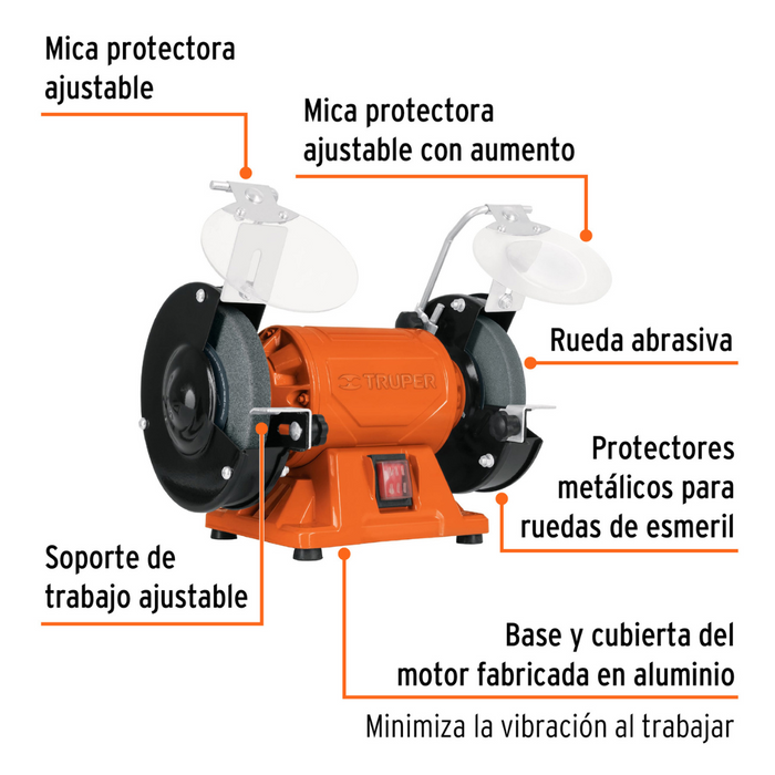 Esmeril de Banco 1/2" HP Potencial Nominal del Motor Ruedas Abrasivas 6" Corriente 3 A Truper